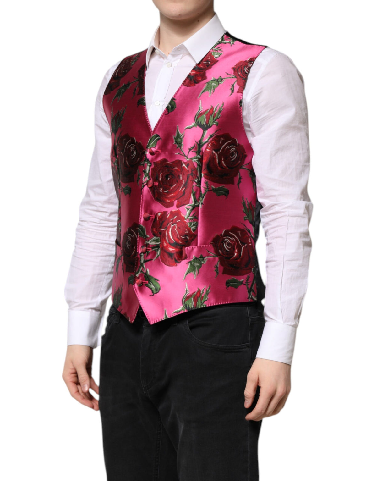 Dolce & Gabbana Pink Floral Satin Formal Men Waistcoat Vest