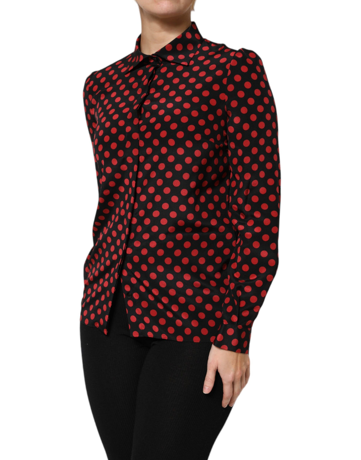 Dolce & Gabbana Black Red Polka Dot Silk Long Sleeves Top