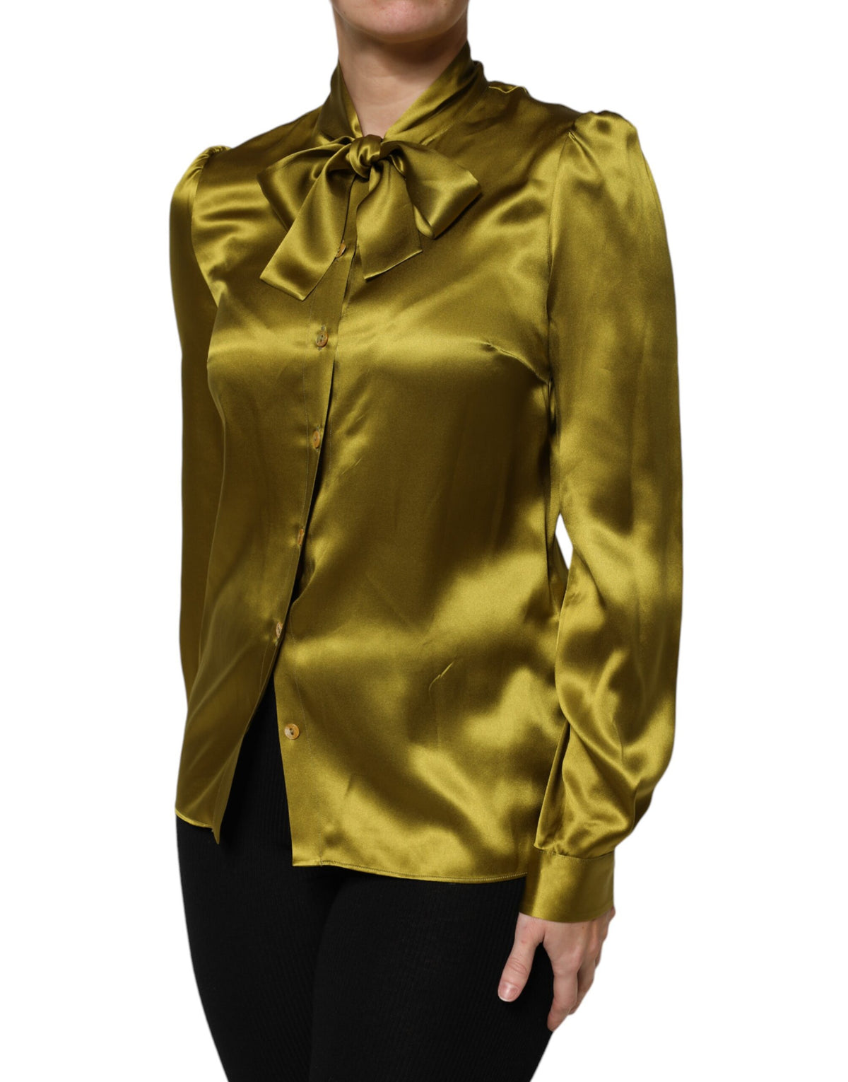 Dolce & Gabbana Green Ascot Collar Long Sleeves Blouse Top