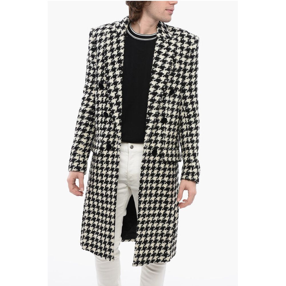 Balmain Houndstooth Patterned Tweed Coat with Velour Buttons