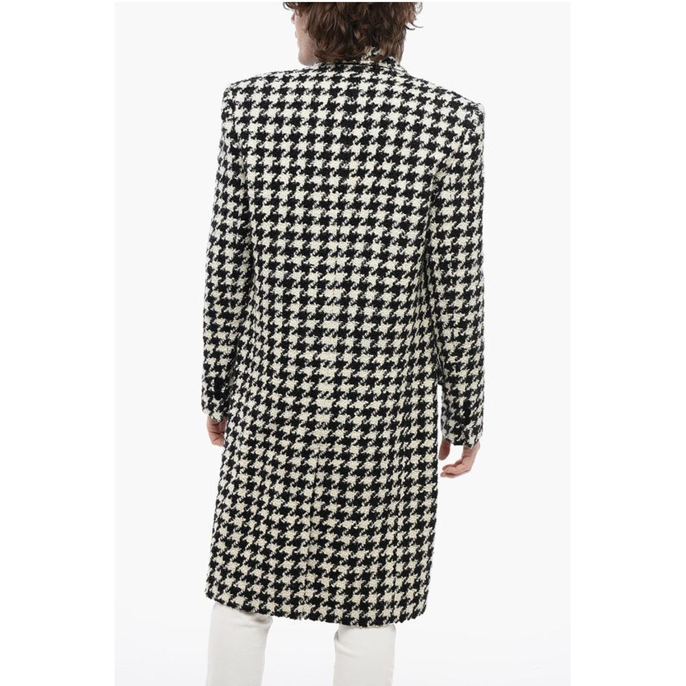 Balmain Houndstooth Patterned Tweed Coat with Velour Buttons