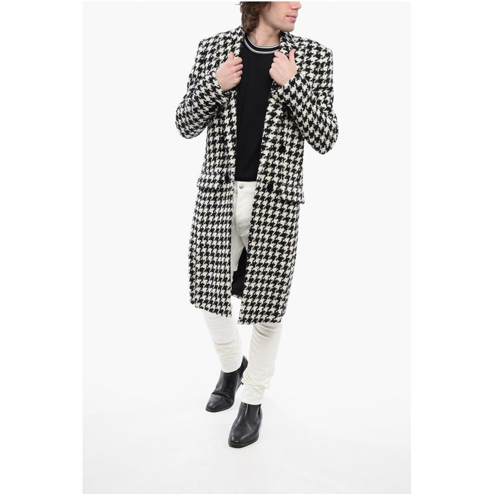 Balmain Houndstooth Patterned Tweed Coat with Velour Buttons