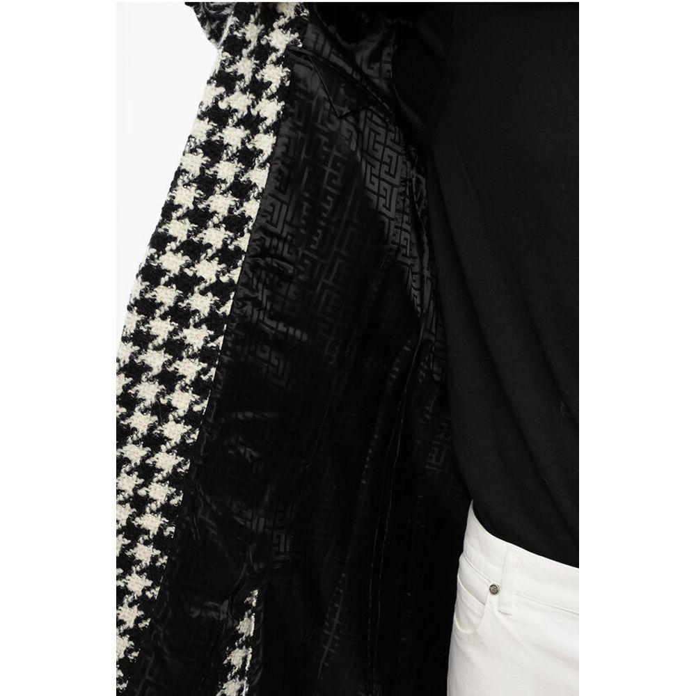 Balmain Houndstooth Patterned Tweed Coat with Velour Buttons