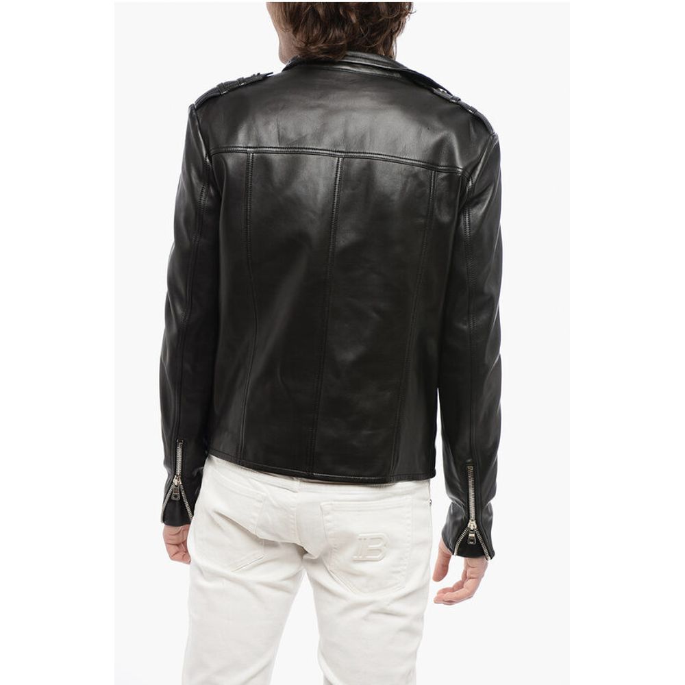 Balmain Front Draped Leather Jacket with Decentralized ZIp