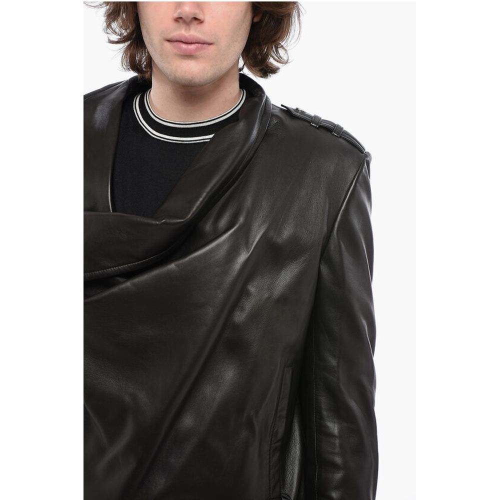 Balmain Front Draped Leather Jacket with Decentralized ZIp