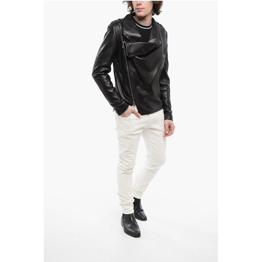 Balmain Front Draped Leather Jacket with Decentralized ZIp