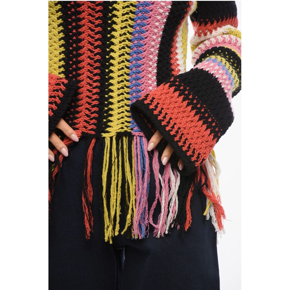 Chloé Fringed Bottom Crochet Sweater with Multicolor Motif
