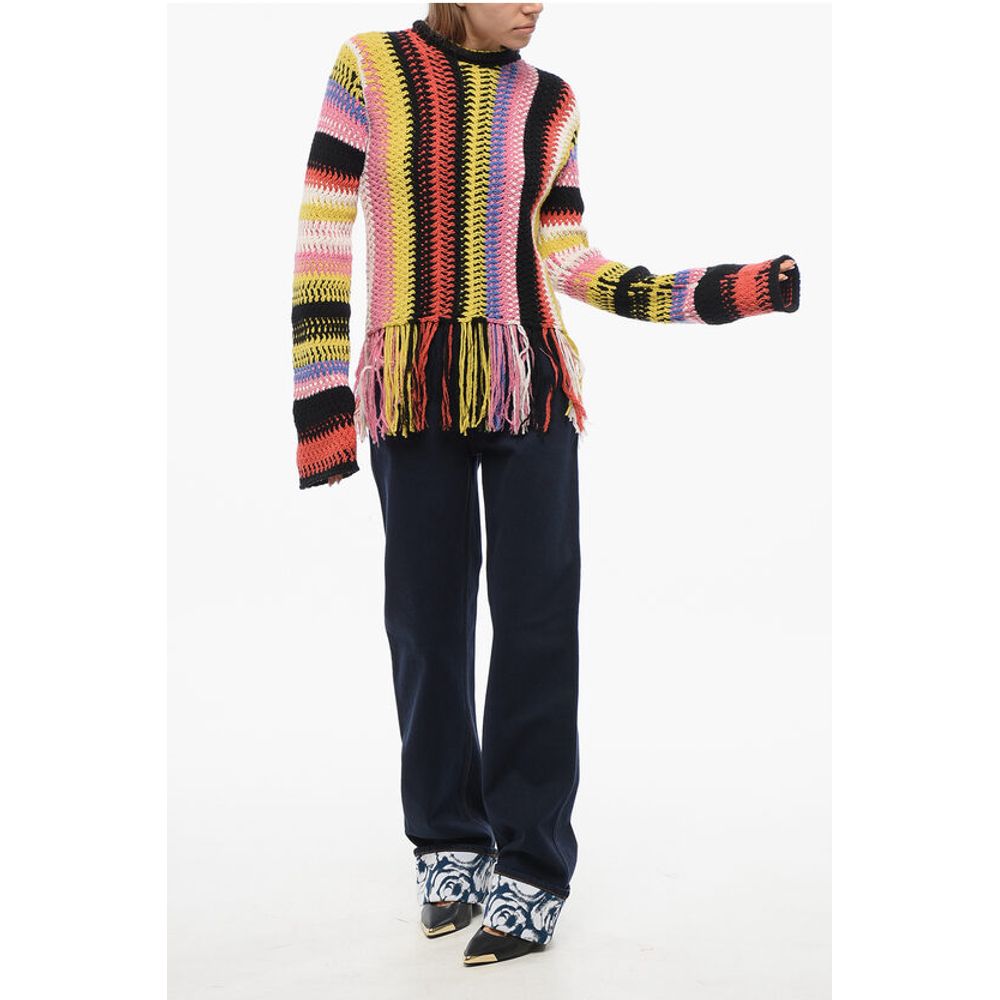 Chloé Fringed Bottom Crochet Sweater with Multicolor Motif
