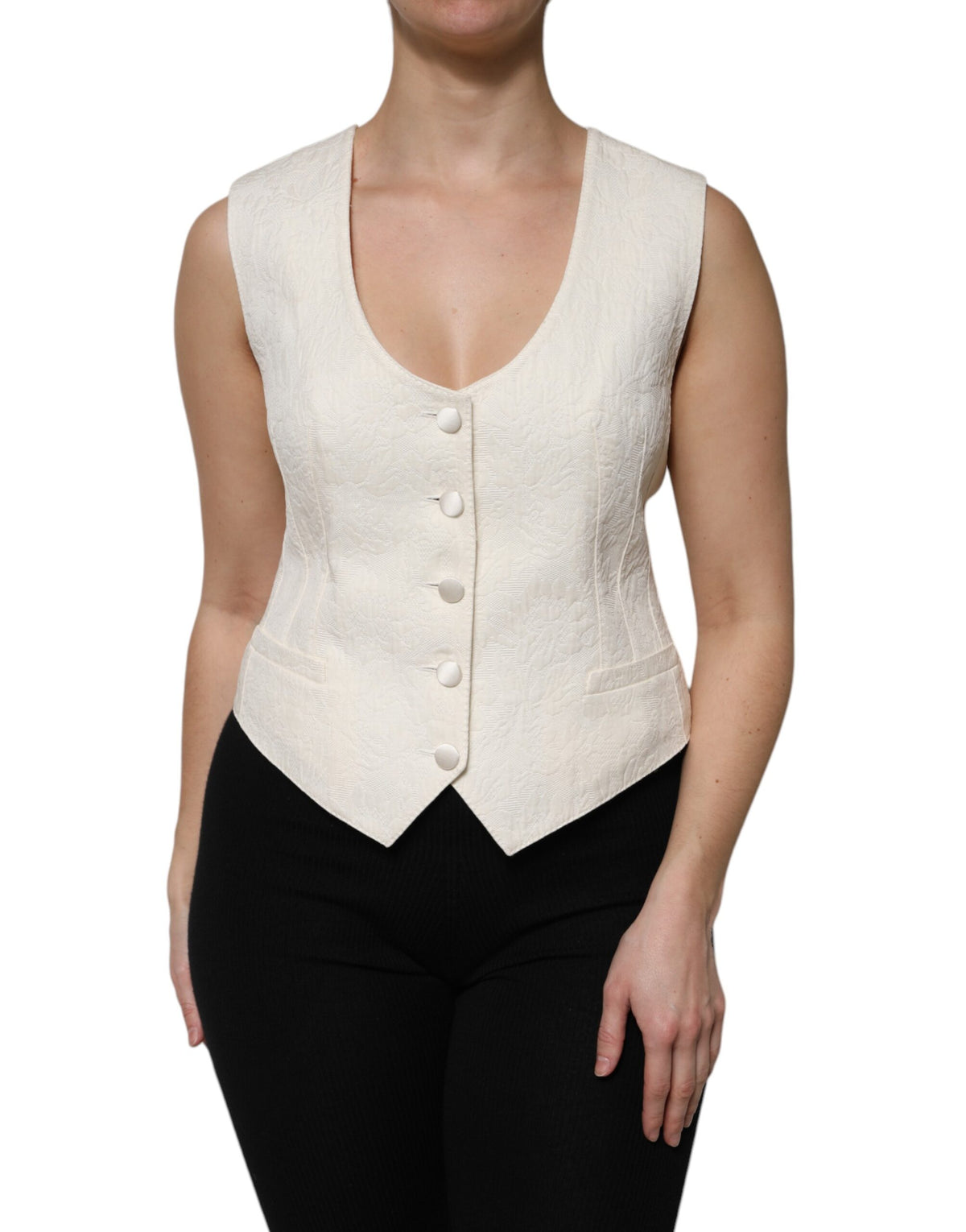 Dolce & Gabbana Ivory Cotton Button Down Sleeveless Vest Top
