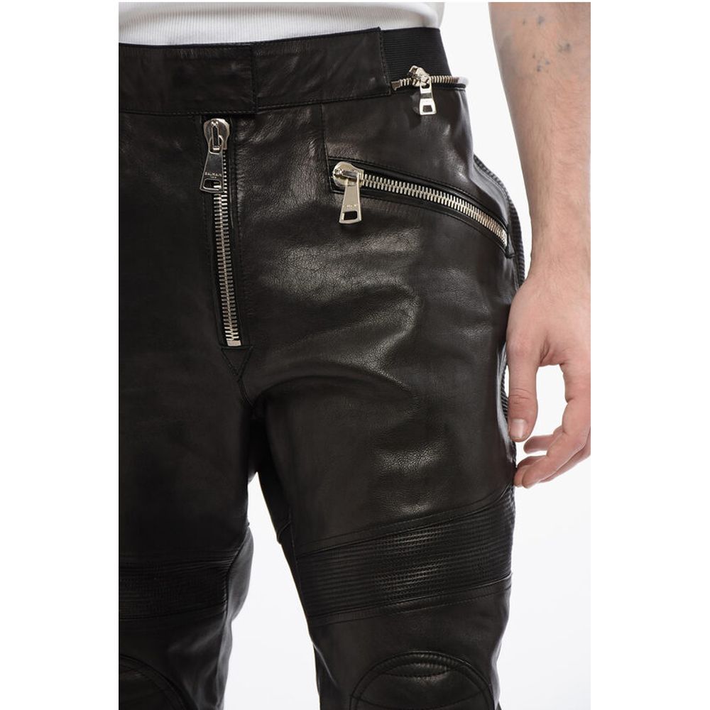 Balmain Leather Biker Pants with Elastic Waistband