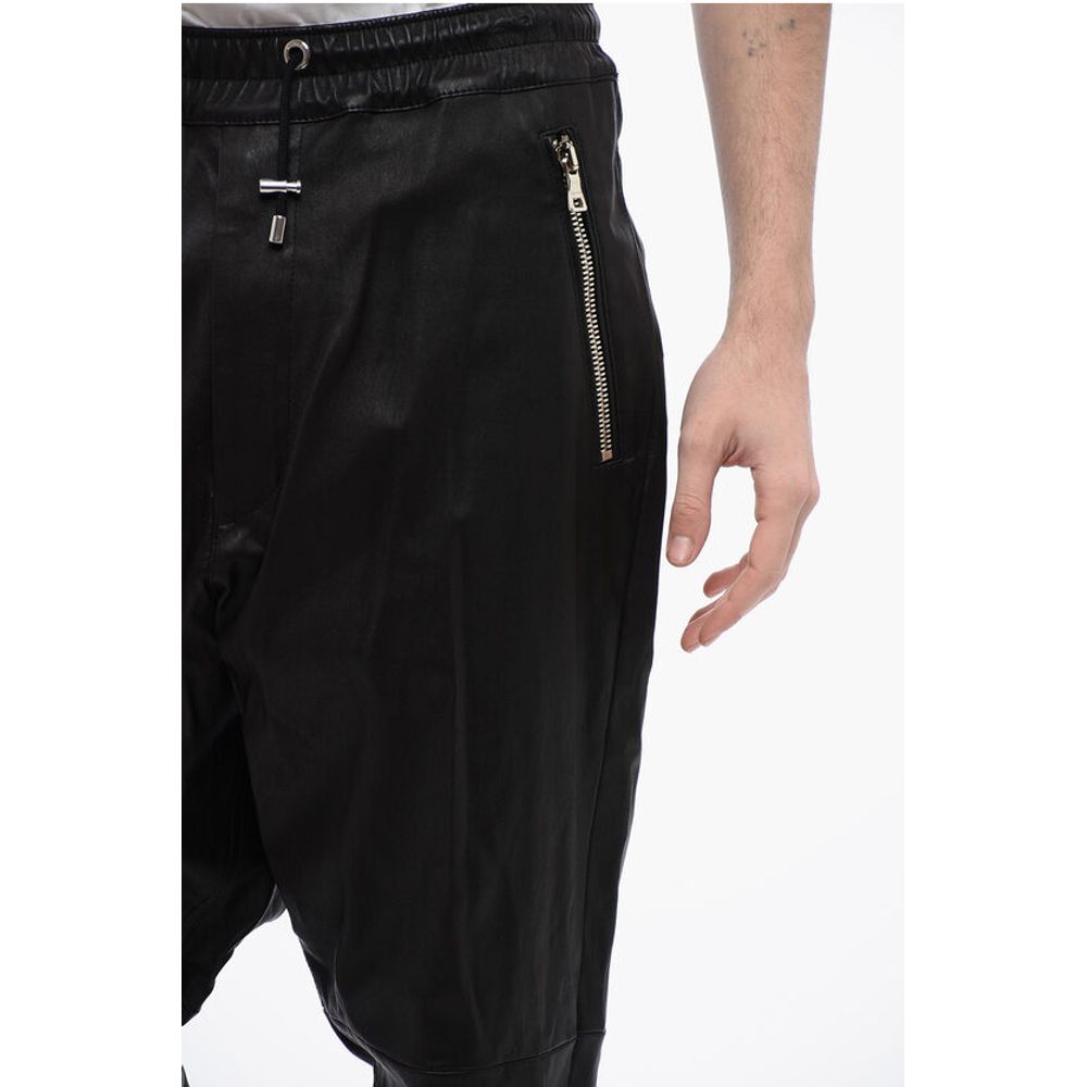 Balmain Low-Crotch Leather Pants with Cuffs