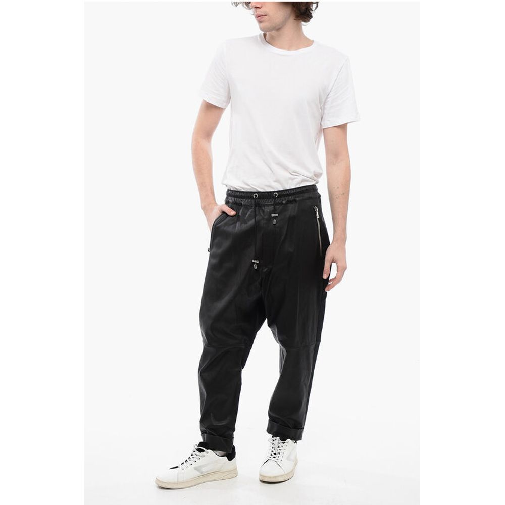 Balmain Low-Crotch Leather Pants with Cuffs