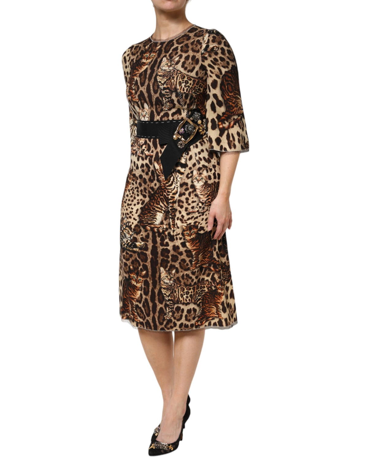 Dolce & Gabbana Brown Leopard Print Belted A-line Midi Dress