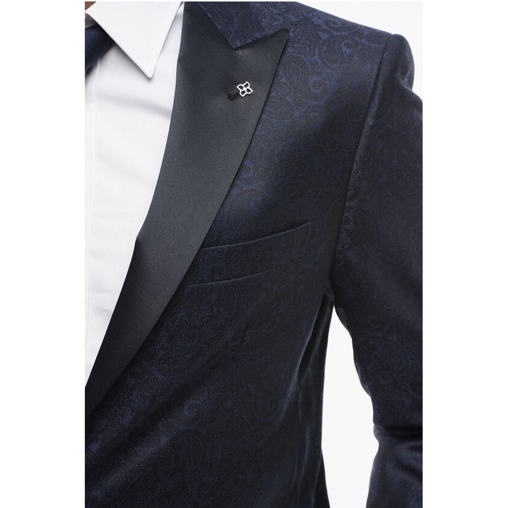Tagliatore Paisley Patterned Jacquard Wool Blazer with Satin Lapel