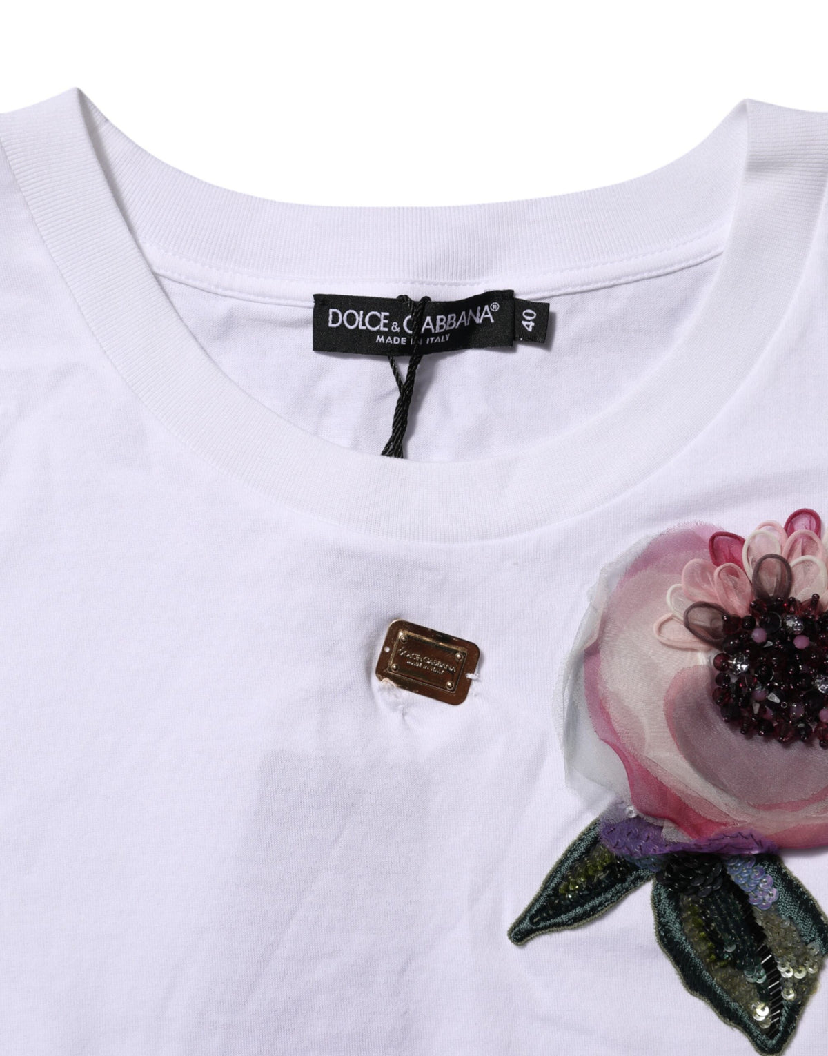 Dolce & Gabbana White Floral Lace DG Detailing Cropped T-shirt
