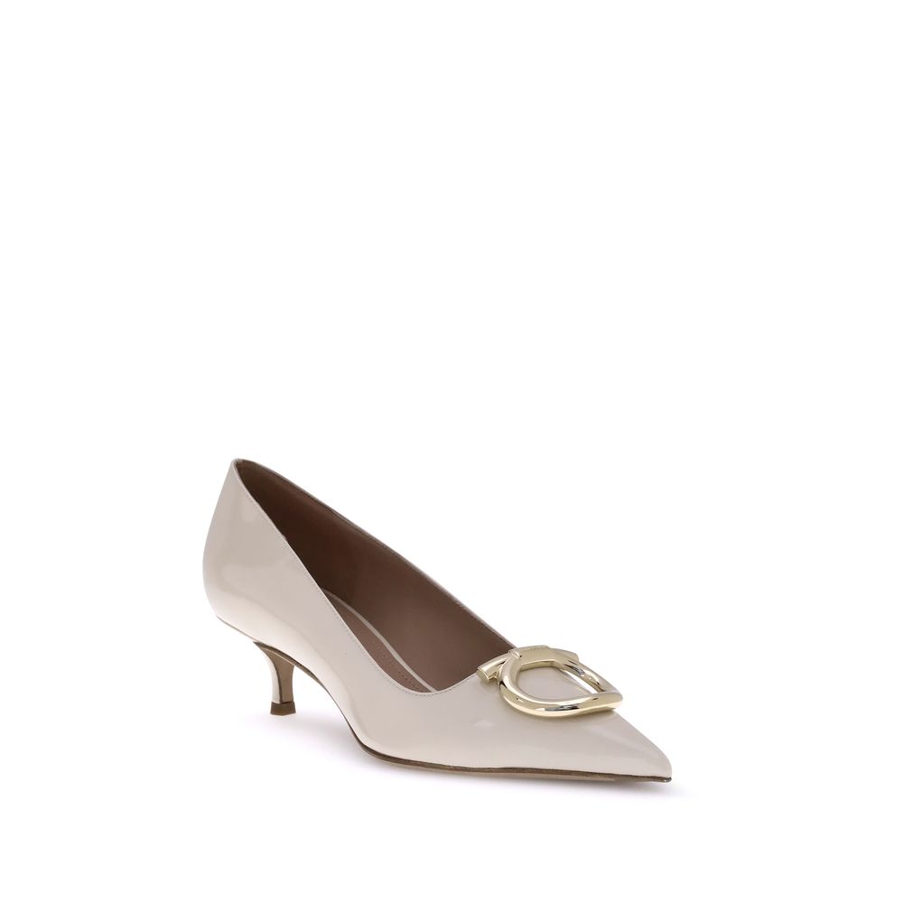 Ferragamo Cream Calf Leather Bos Taurus Mid Heel Pumps