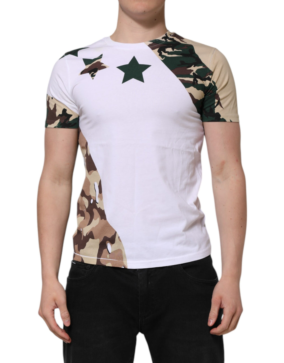 Dolce & Gabbana White Camouflage Cotton Men Crew Neck T-shirt