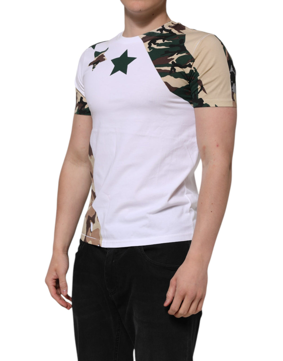 Dolce & Gabbana White Camouflage Cotton Men Crew Neck T-shirt