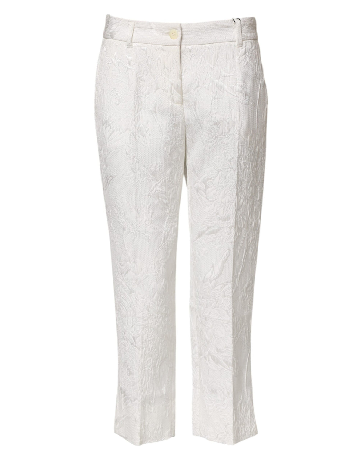 Dolce & Gabbana White Cotton Floral Jacquard Pants