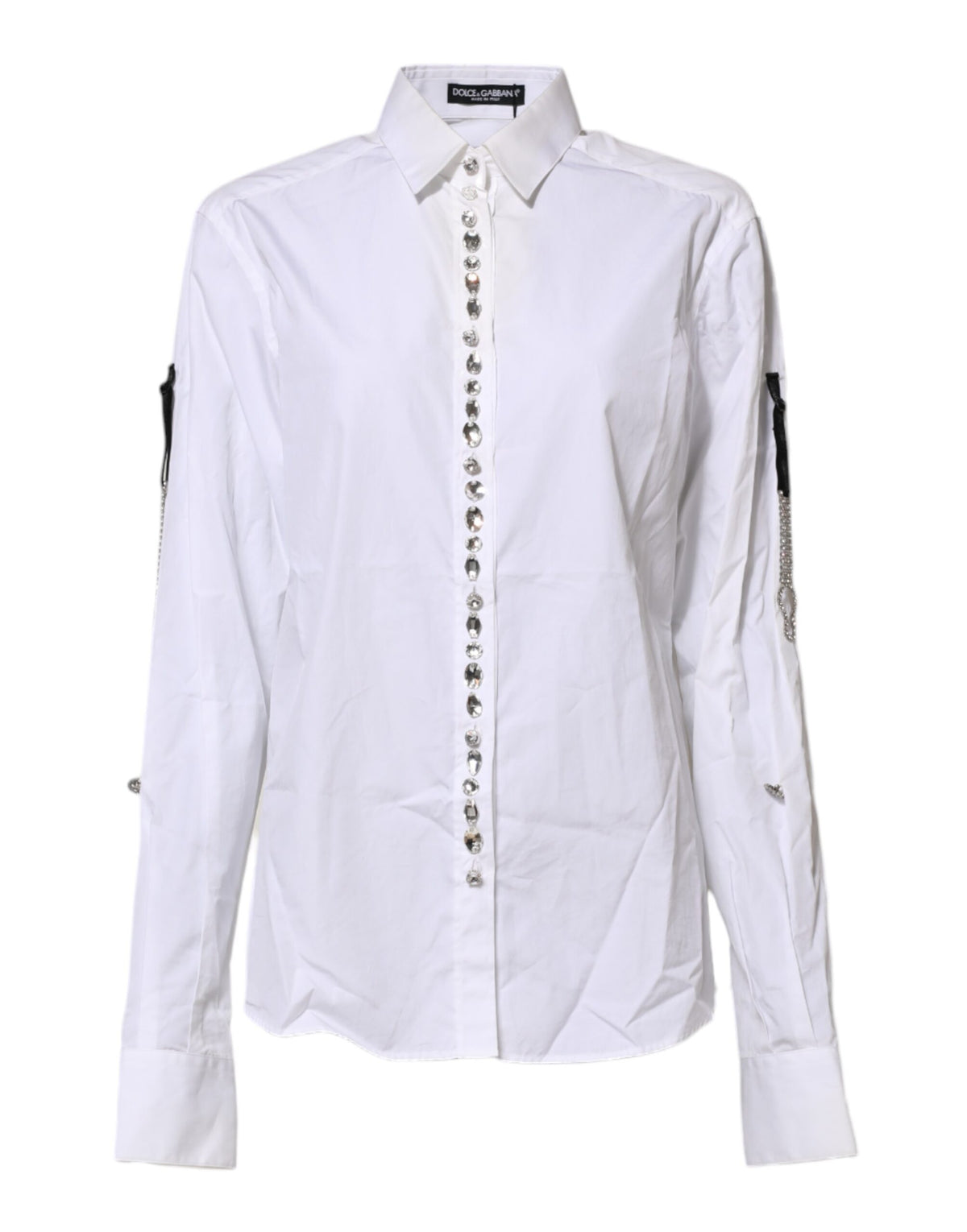 Dolce & Gabbana White Crystal Embellished Collared Shirt Top