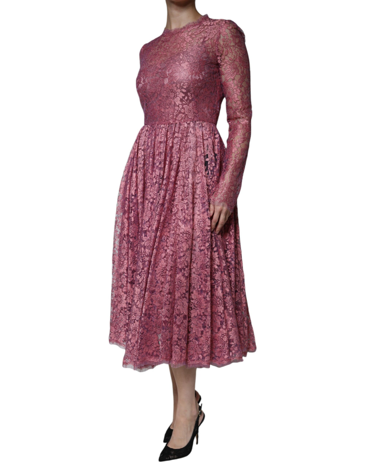 Dolce & Gabbana Pink Floral Lace Long Sleeve Midi Dress