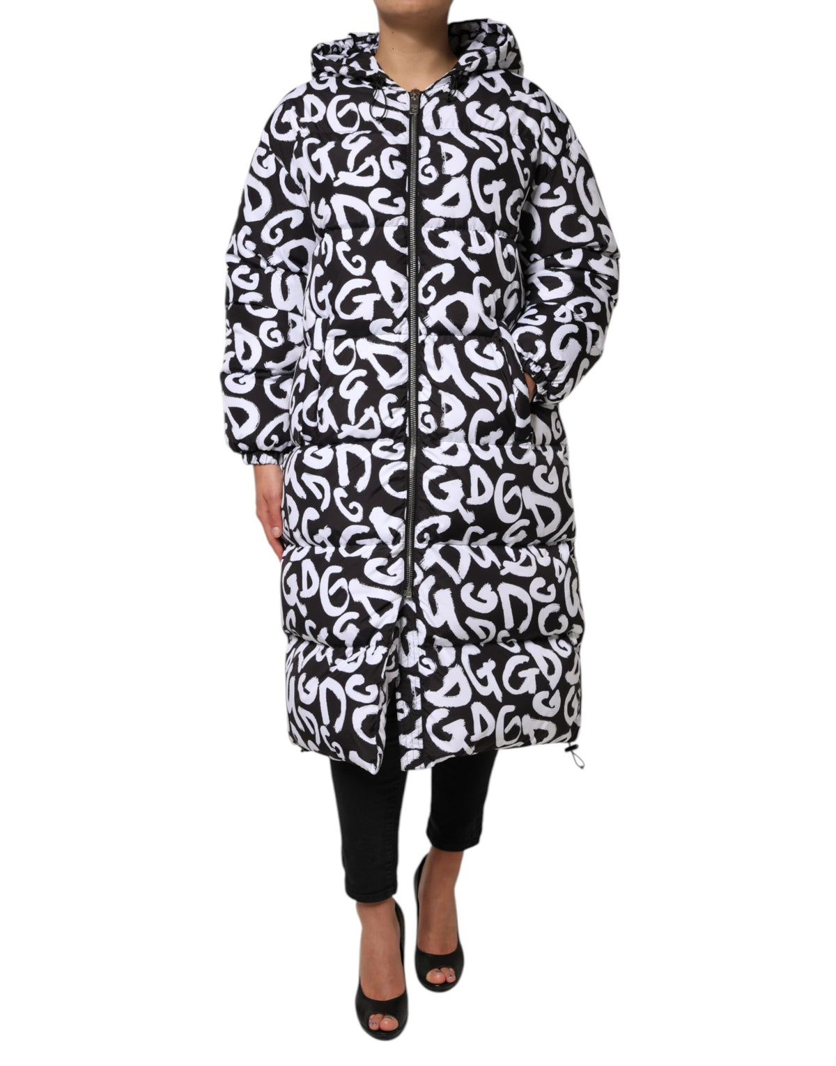 Dolce & Gabbana Black White DG Mania Hooded Long Coat Jacket