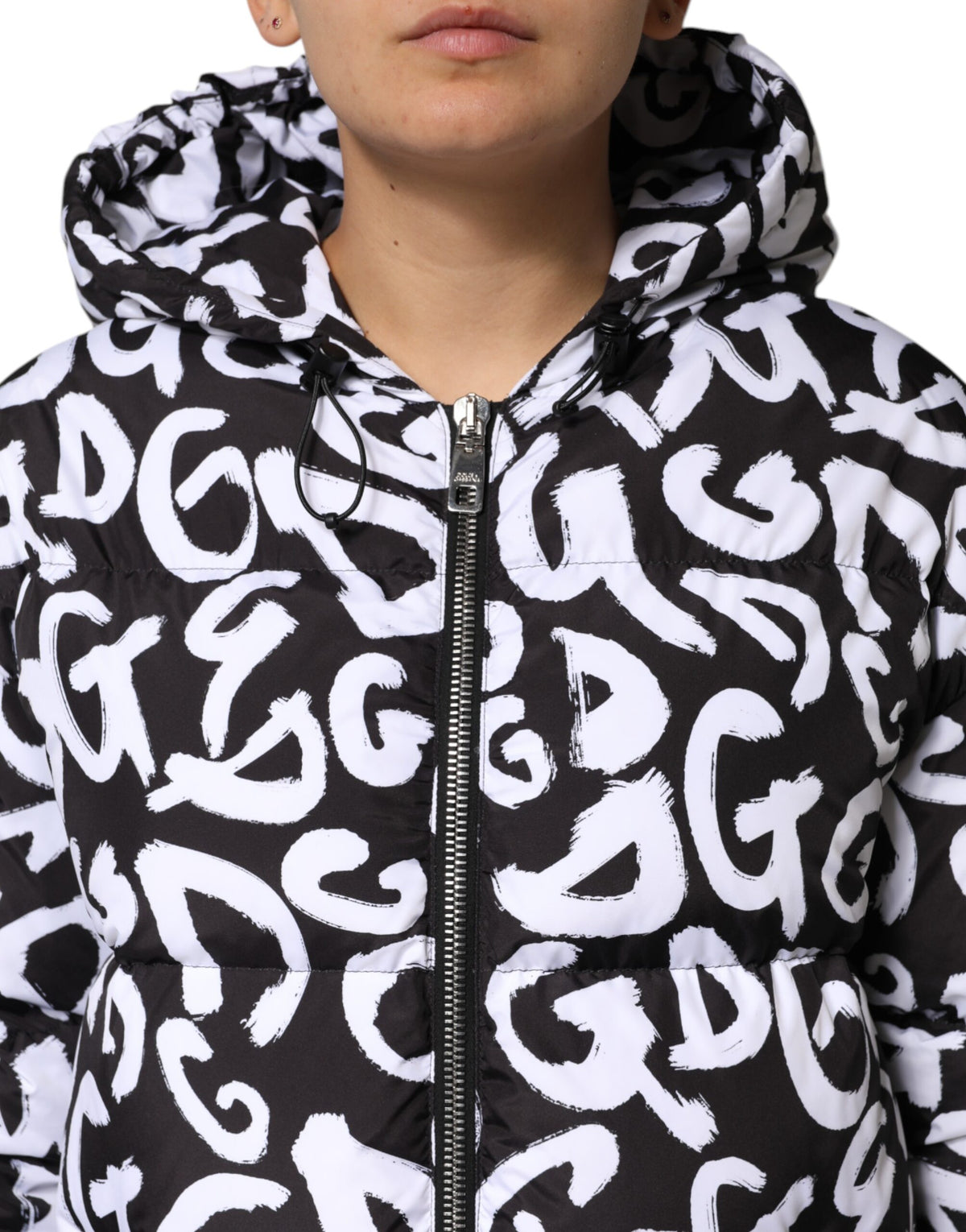 Dolce & Gabbana Black White DG Mania Hooded Long Coat Jacket
