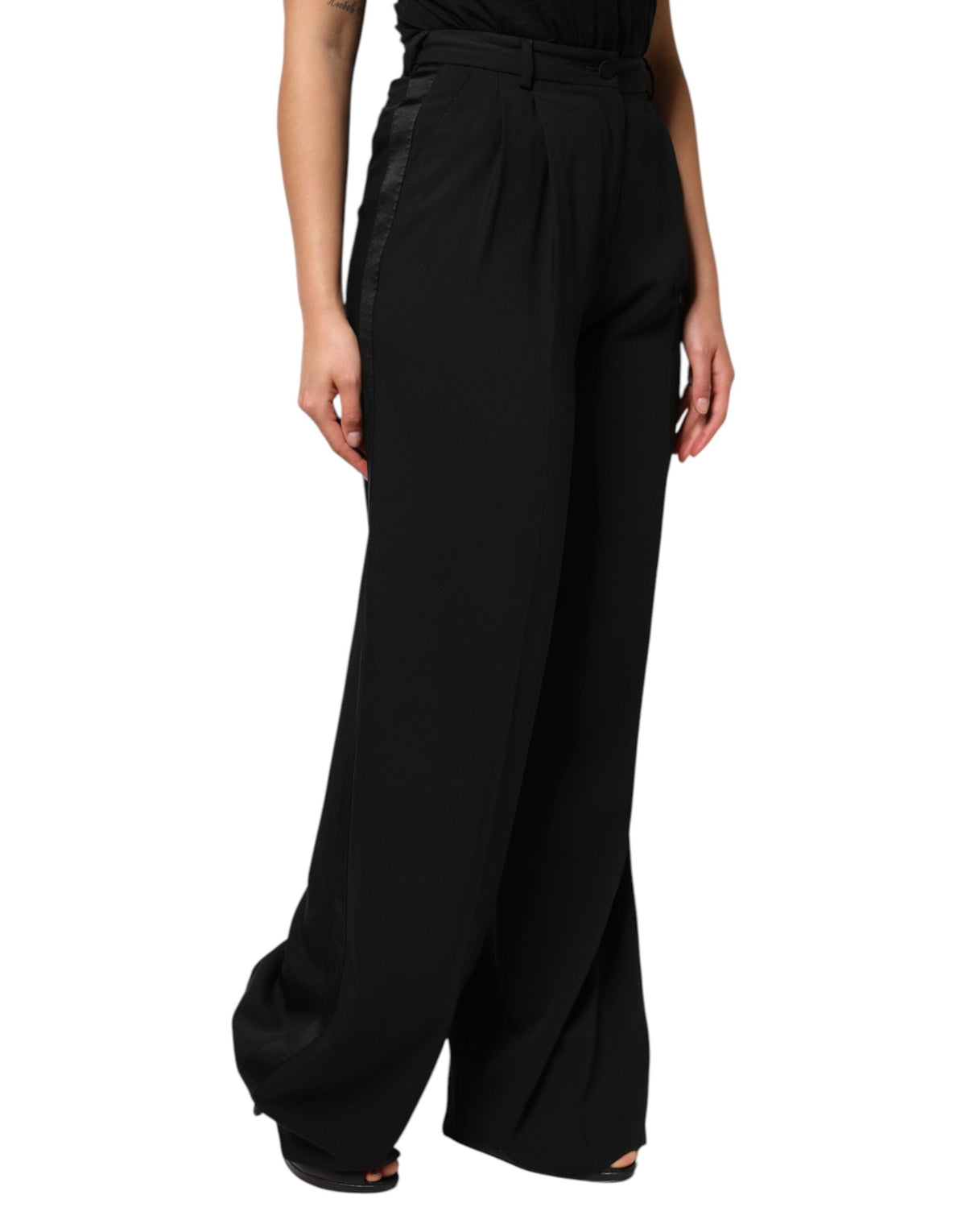 Dolce & Gabbana Black Wool High Waist Wide Leg Pants