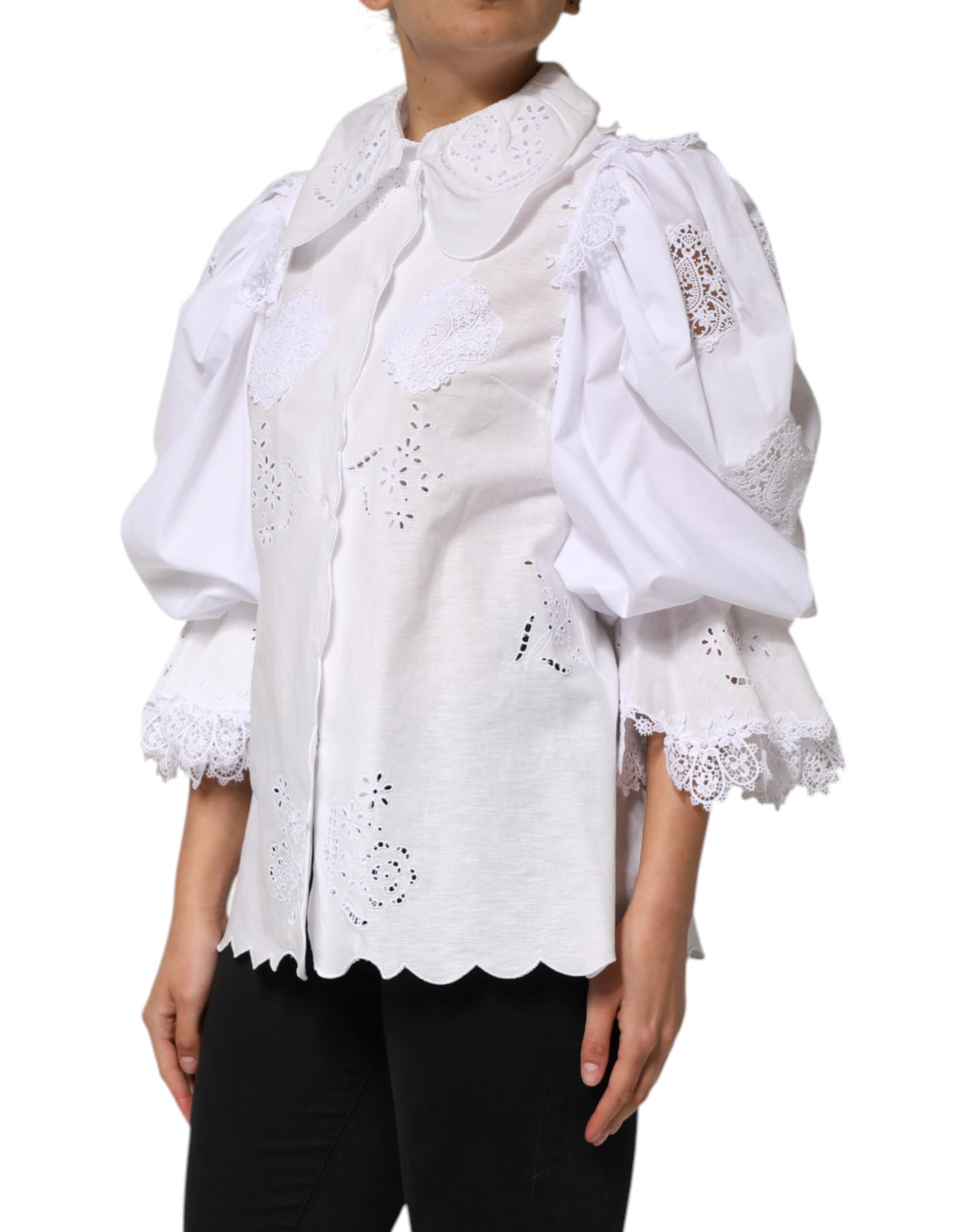 Dolce & Gabbana White Ruffled Lace Embellished Blouse Top