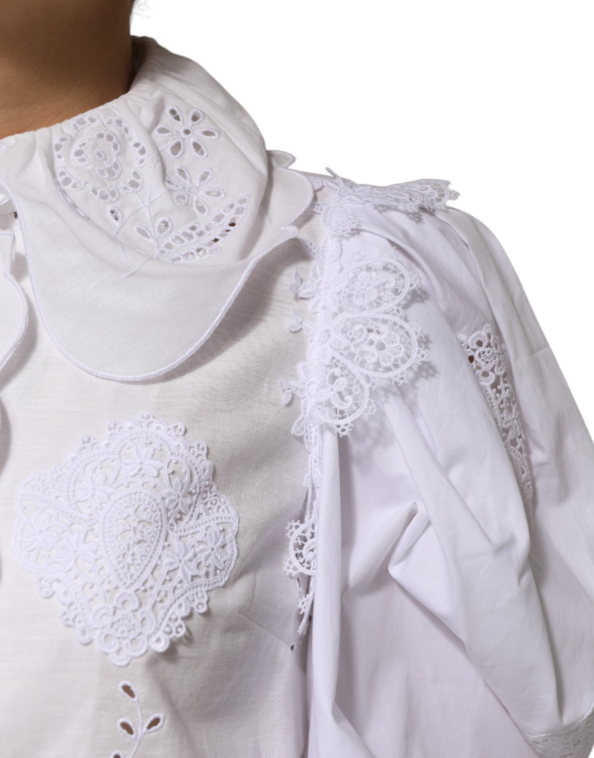 Dolce & Gabbana White Ruffled Lace Embellished Blouse Top