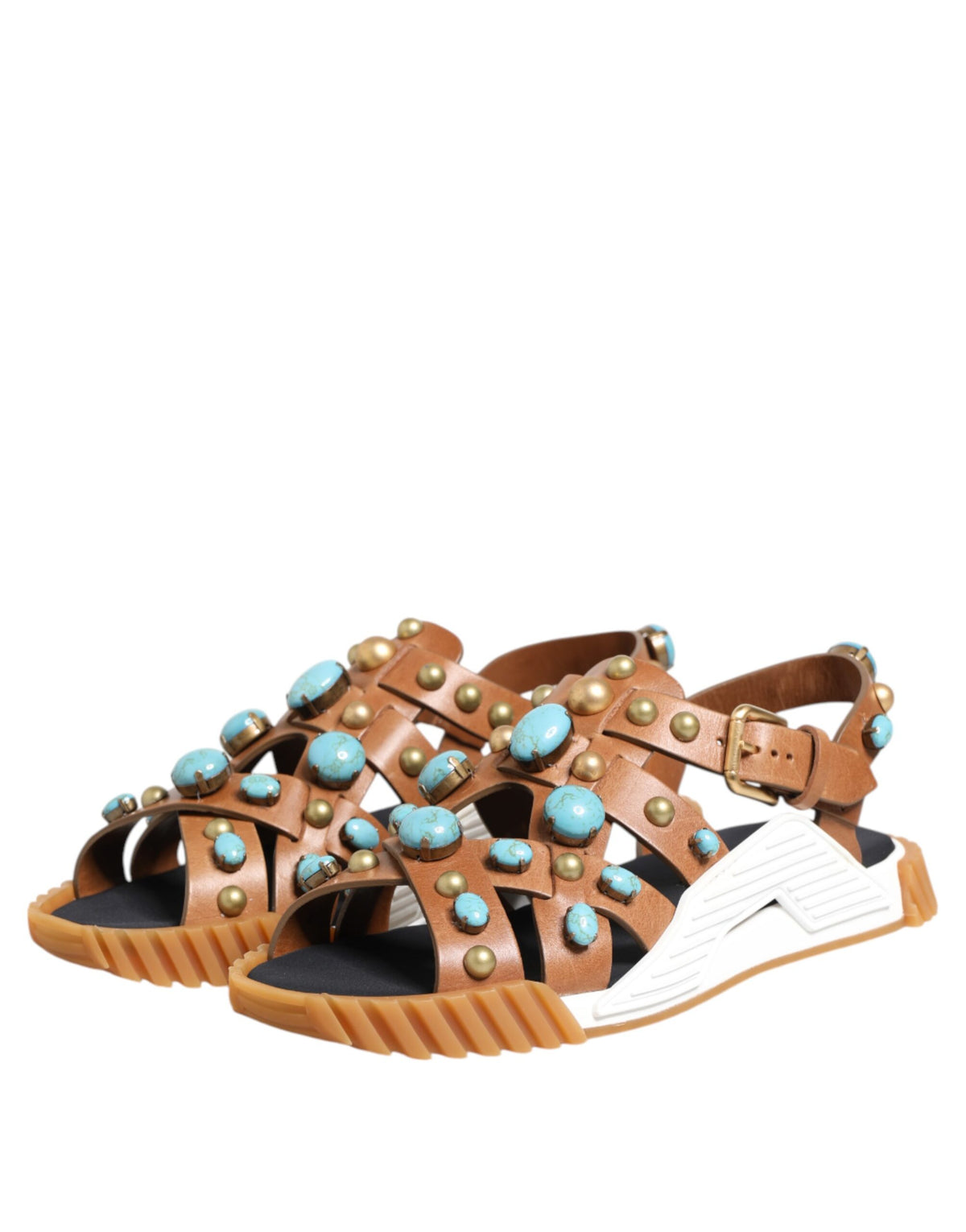 Dolce & Gabbana Brown Leather Studded Slides Sandals Shoes