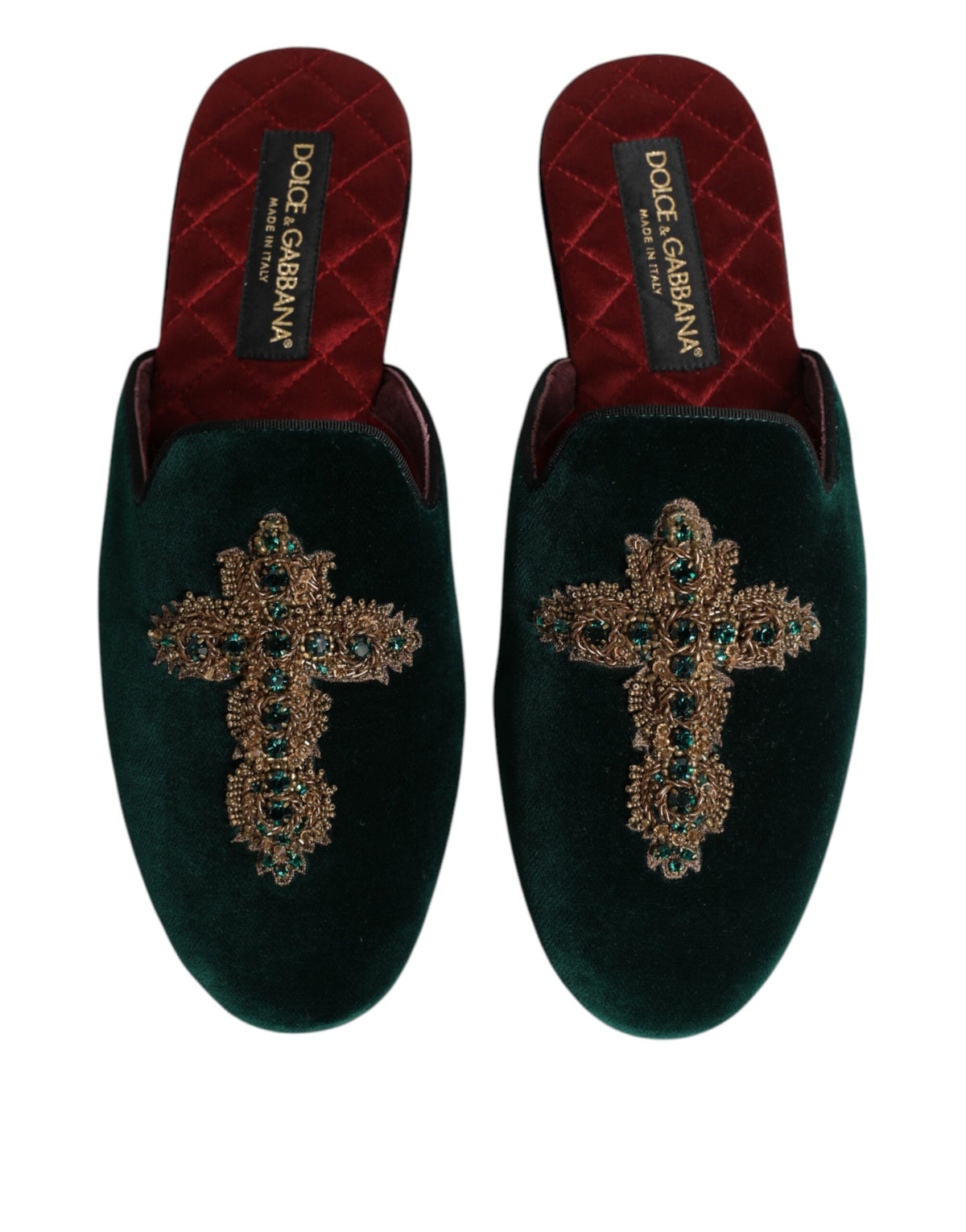 Dolce & Gabbana Green Velvet Cross Embellished Slippers Shoes