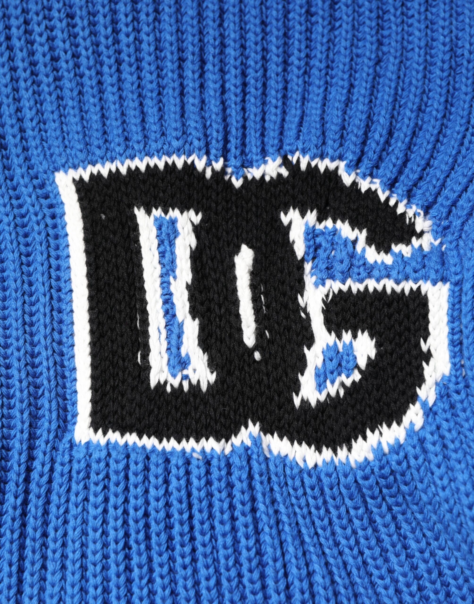 Dolce & Gabbana Blue Cotton Logo Patch Ribbed Knit Cardigan Sweater
