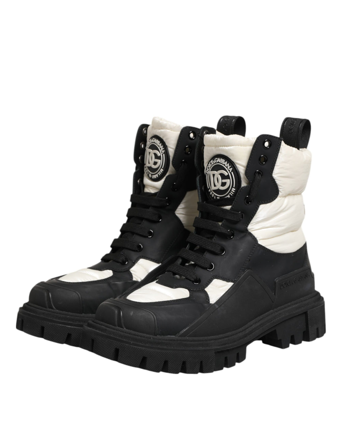 Dolce & Gabbana Black White Padded Mid Calf Lace Up Boots Shoes
