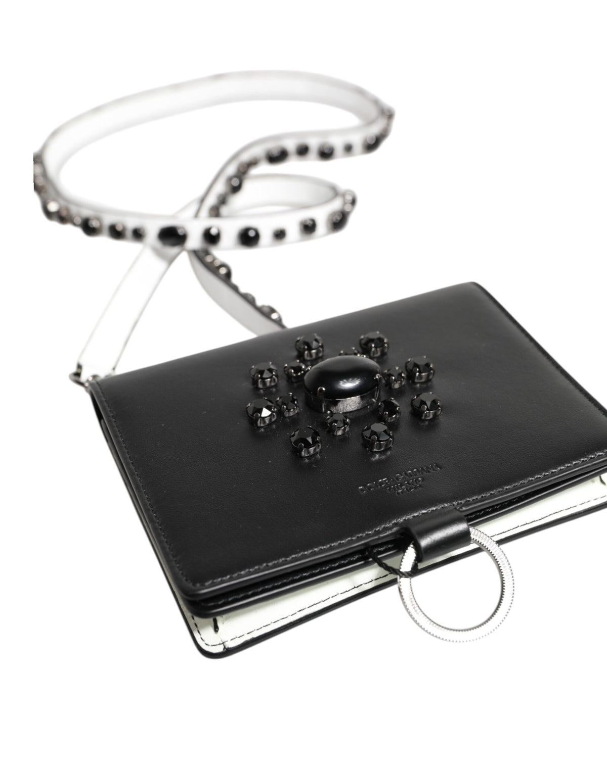Dolce & Gabbana Black Leather Crystal Embellished Card Holder Wallet