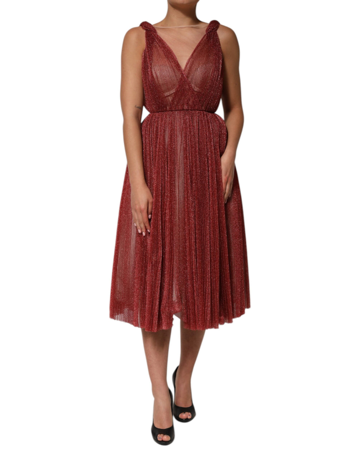 Dolce & Gabbana Burgundy Mesh Sleeveless Midi A-line Dress