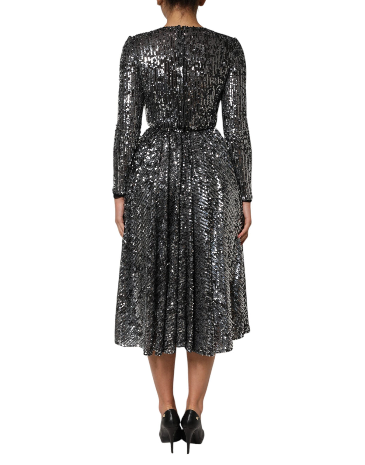 Dolce & Gabbana Black Sequined Long Sleeves Midi A-line Dress
