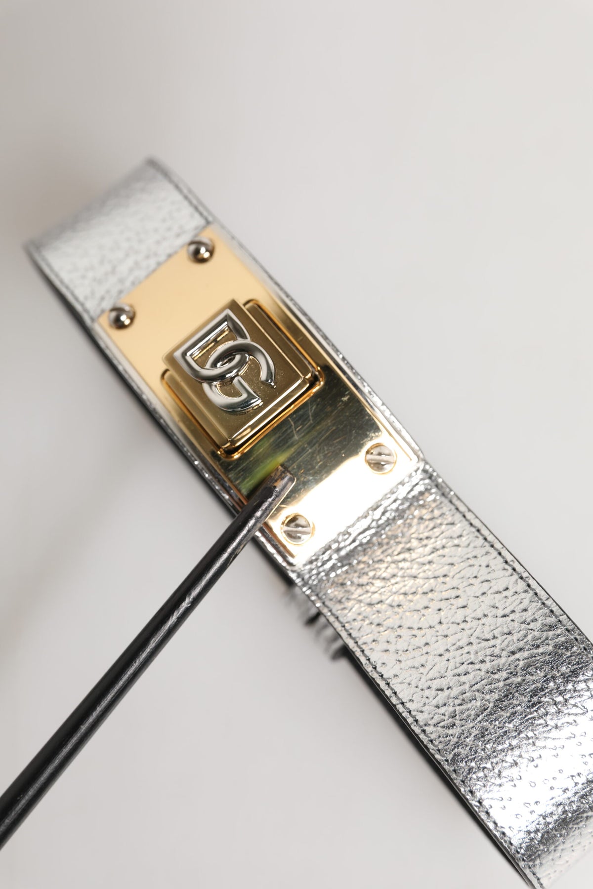 Dolce & Gabbana Silver Textured Leather Gold Tone Metal Neckband