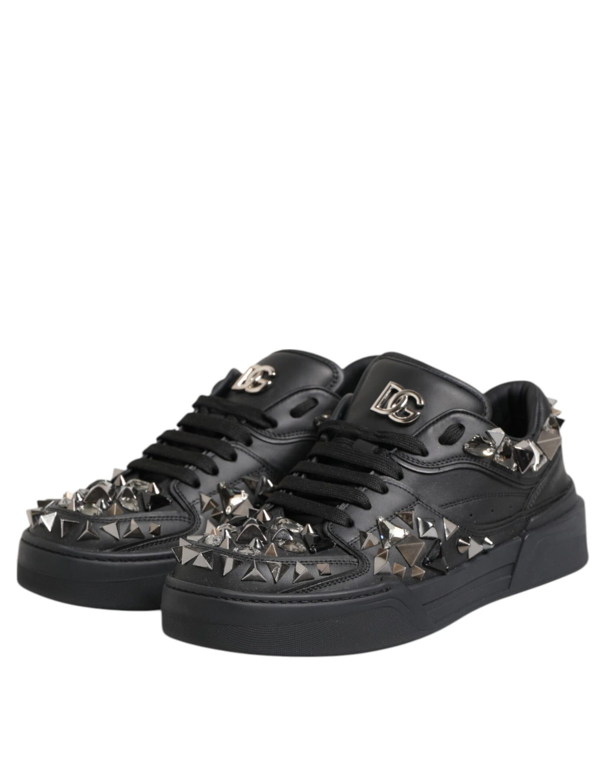 Dolce & Gabbana Black Leather Studded Low Top Sneakers Shoes