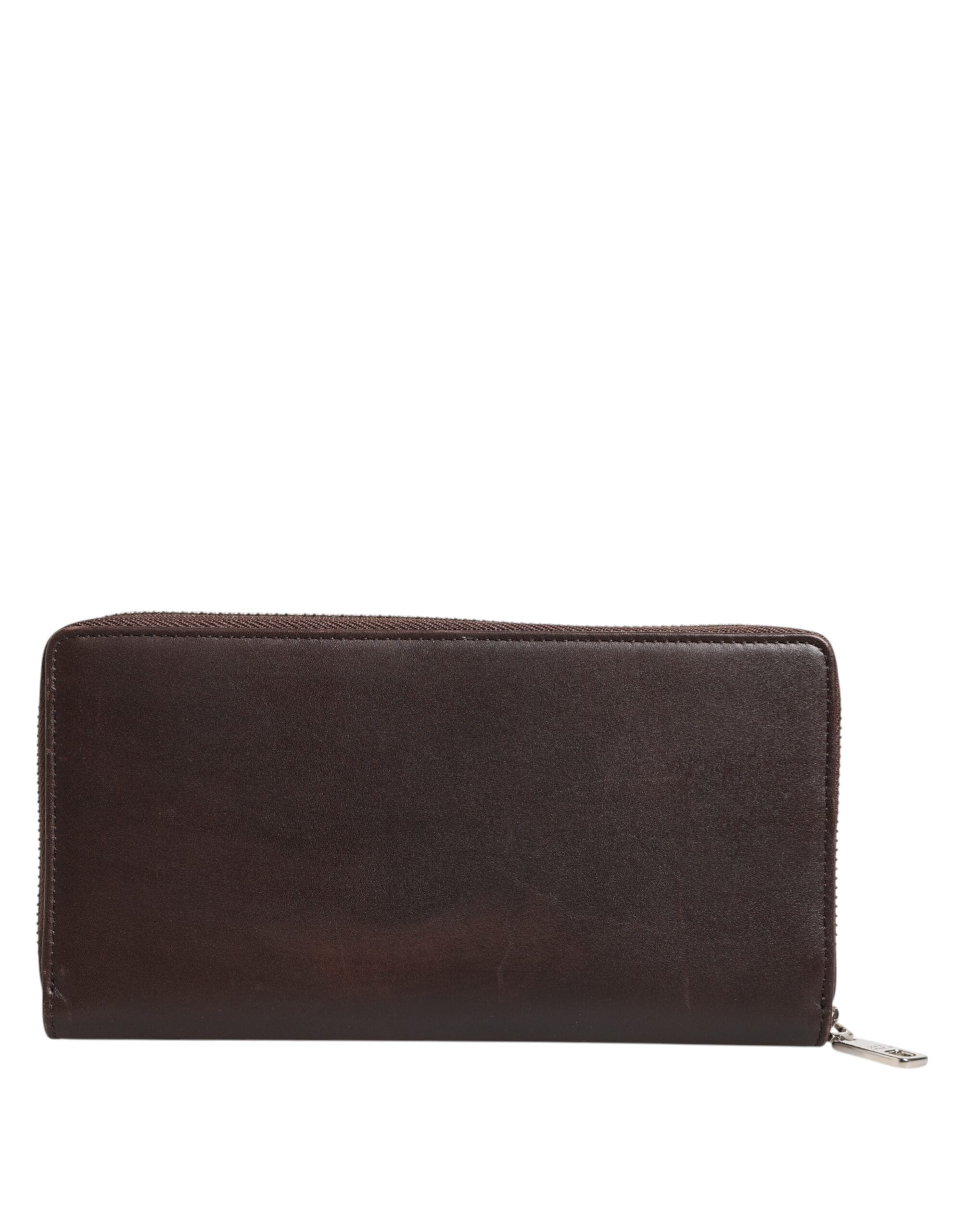 Dolce & Gabbana Brown Calfskin Leather Logo Zip Around Continental Wallet