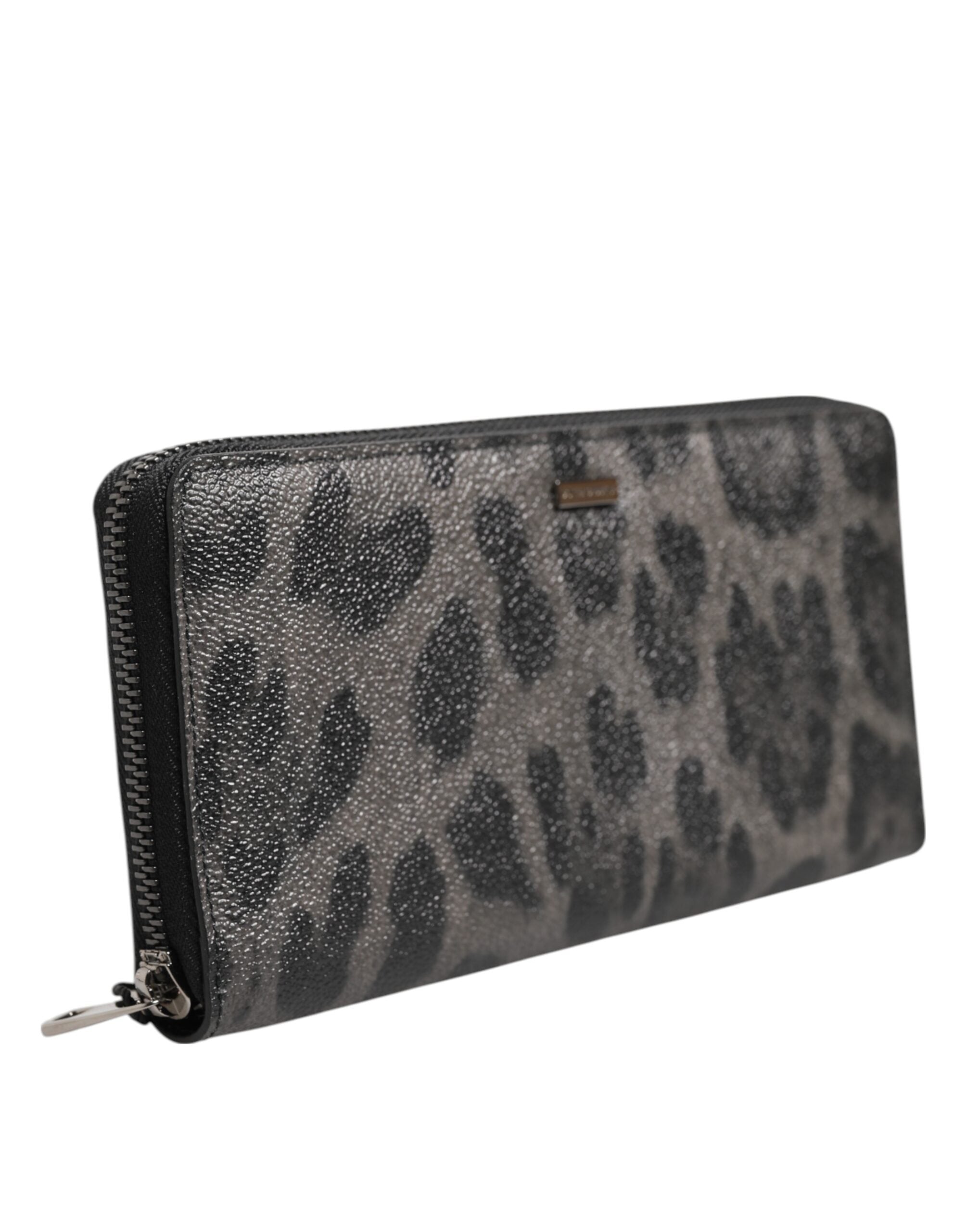 Dolce & Gabbana Black Gray Leopard Leather Zip Around Continental Wallet
