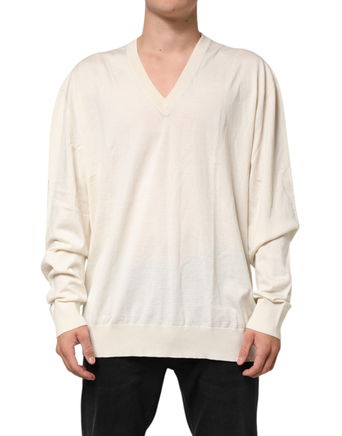 Dolce & Gabbana Ivory Virgin Wool Men V-Neck Knit Sweater