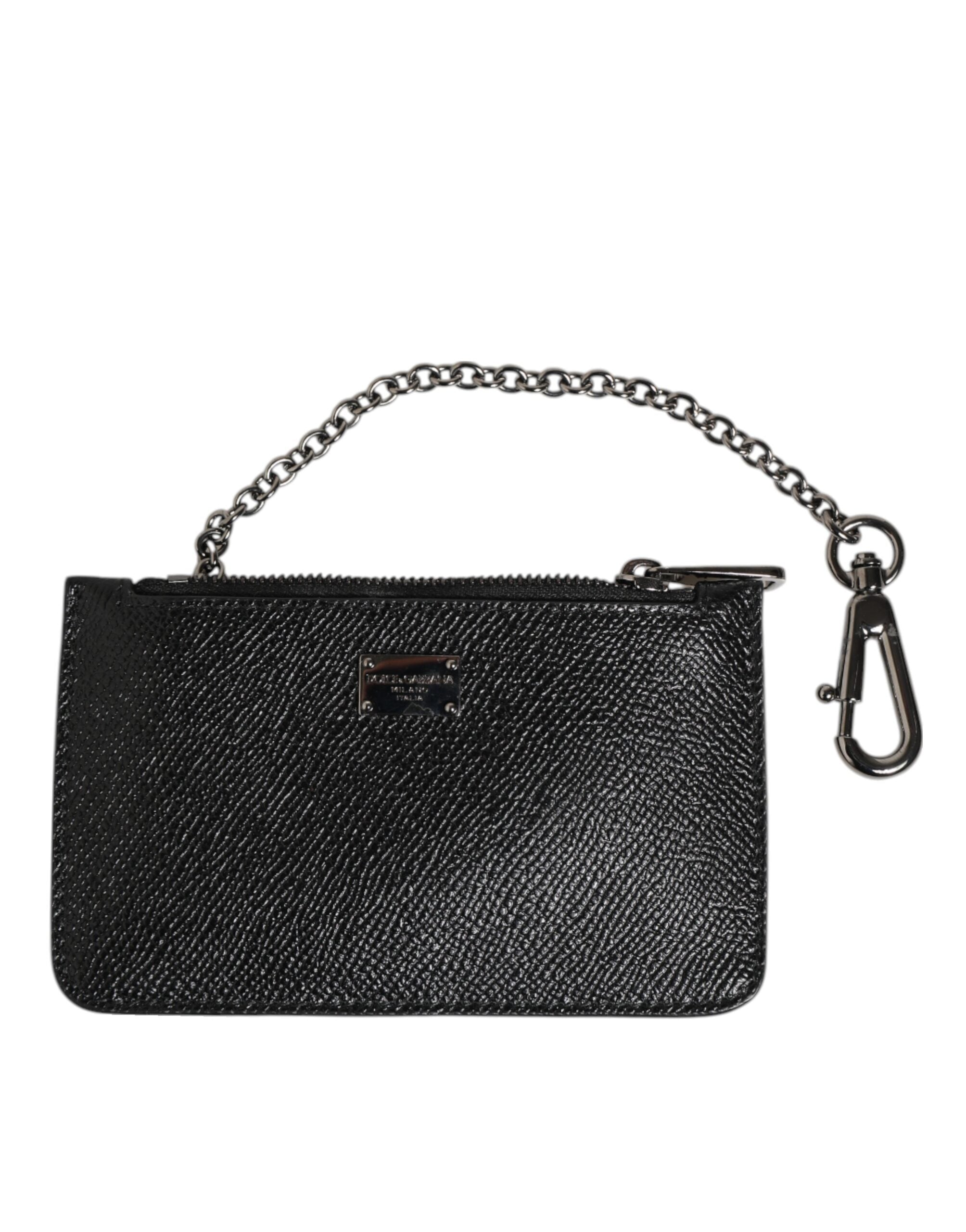 Dolce & Gabbana Black Leather Chain Link Mens Coin Purse Key Clip Holder Wallet