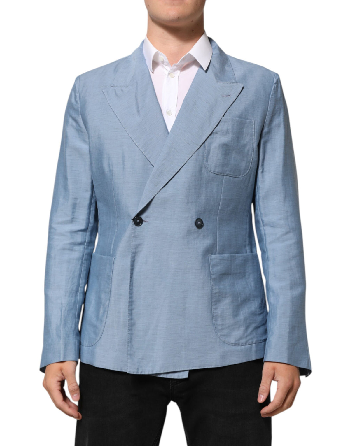 Dolce & Gabbana Light Blue Linen Double Breasted Men Jacket Blazer