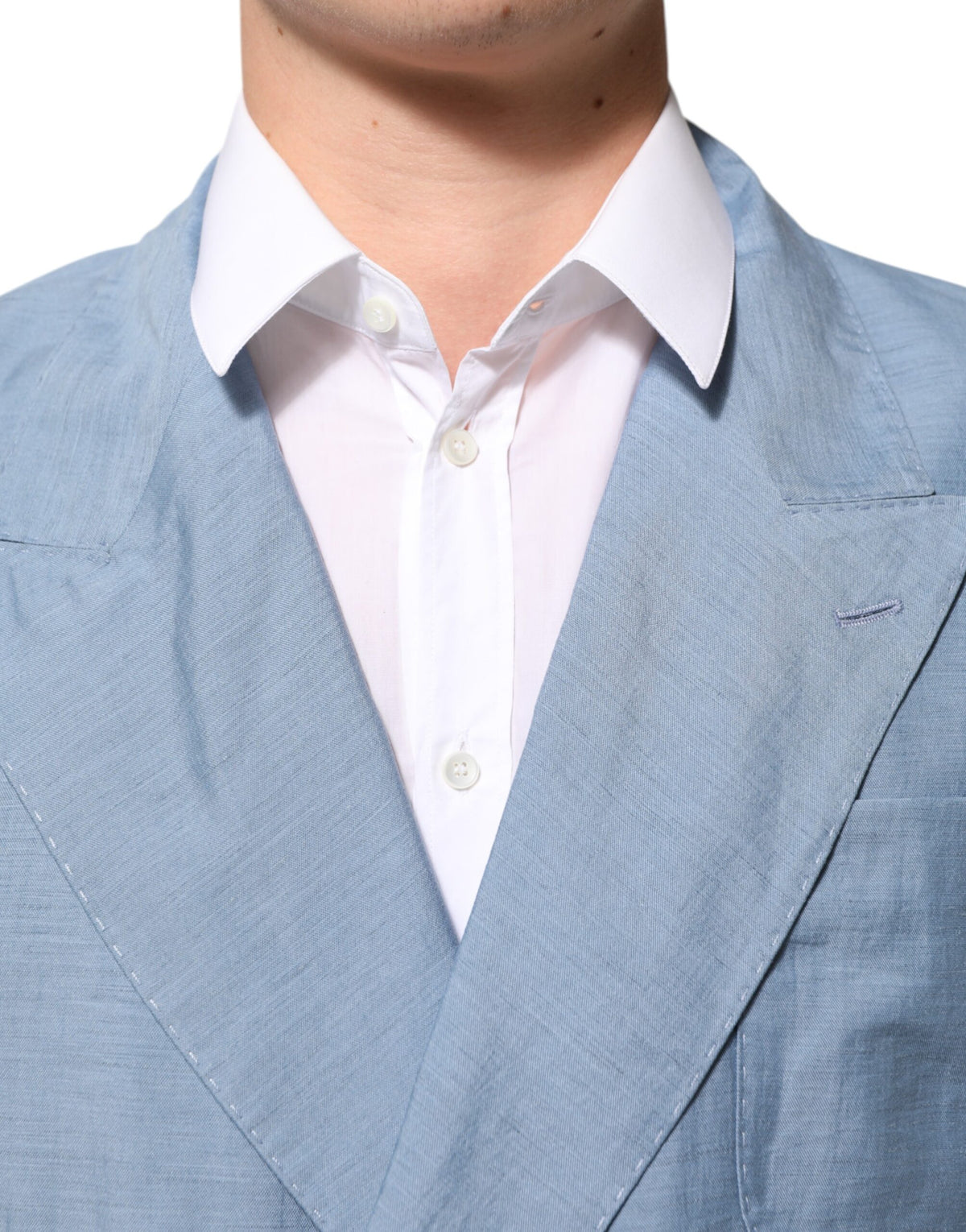 Dolce & Gabbana Light Blue Linen Double Breasted Men Jacket Blazer