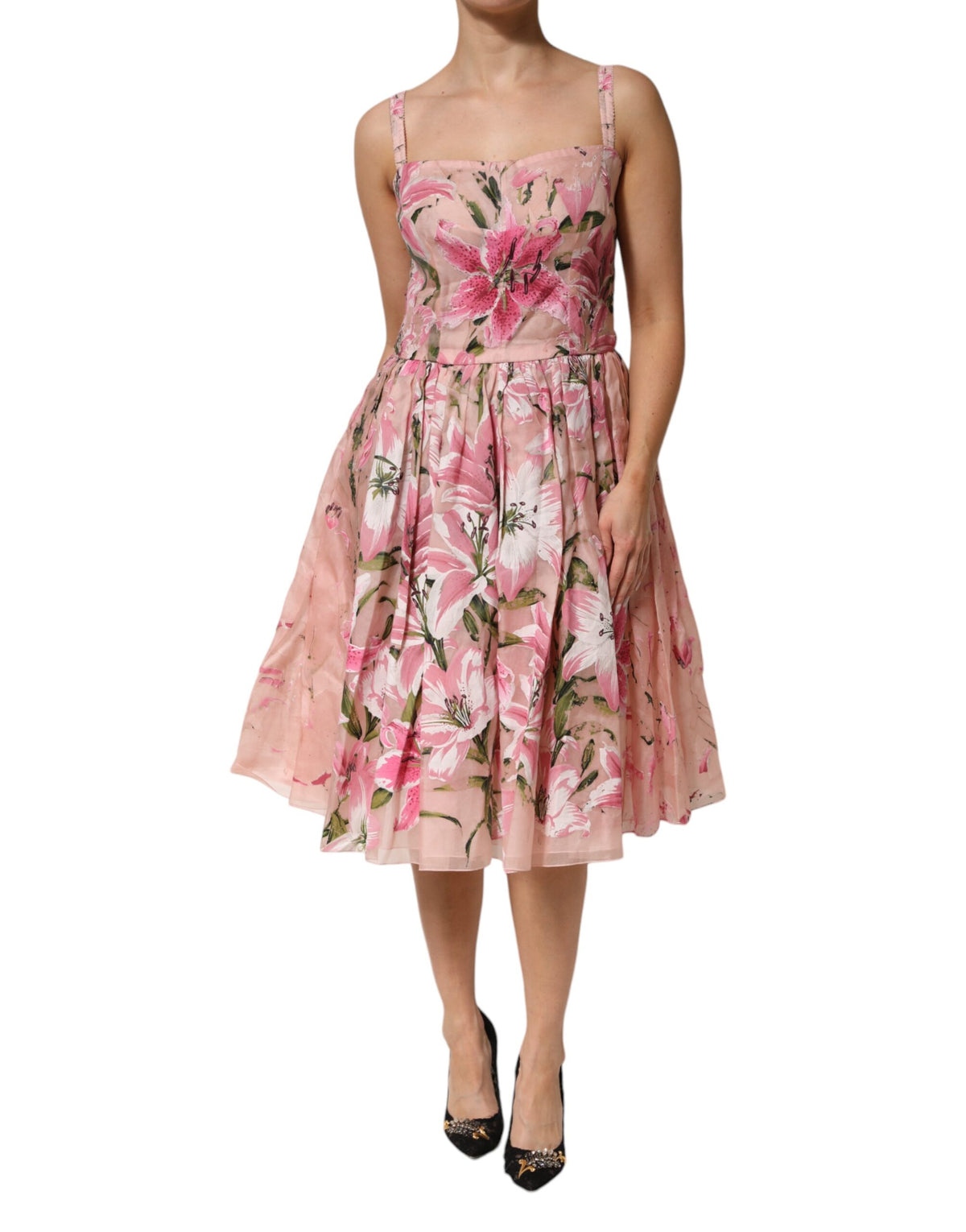 Dolce & Gabbana Pink Cotton Floral Pleated Sleeveless Dress