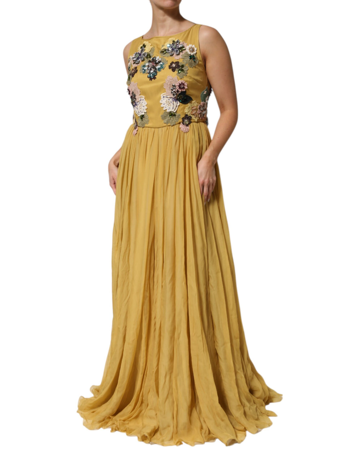 Dolce & Gabbana Yellow Silk Floral Embroidered Maxi Dress