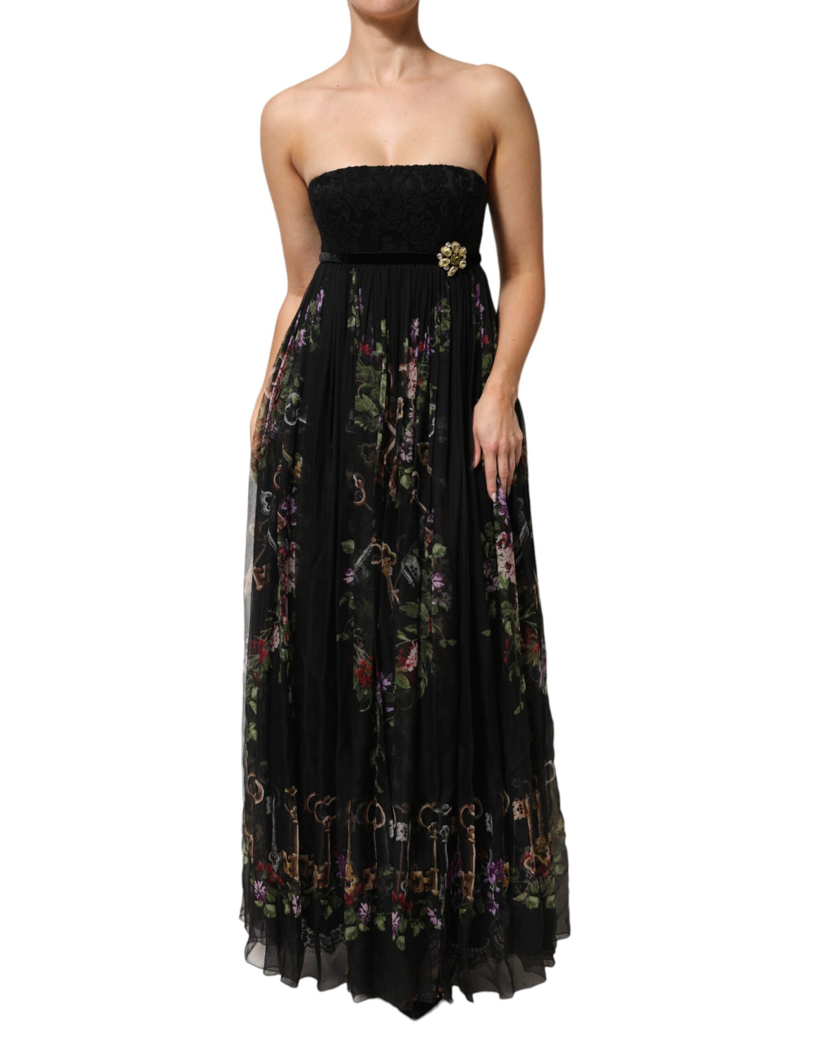 Dolce & Gabbana Black Floral Key Print Crystal Strapless Dress