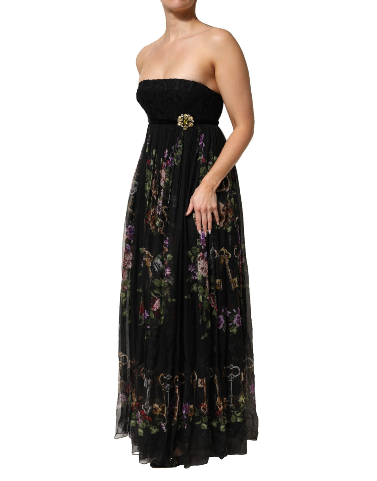 Dolce & Gabbana Black Floral Key Print Crystal Strapless Dress