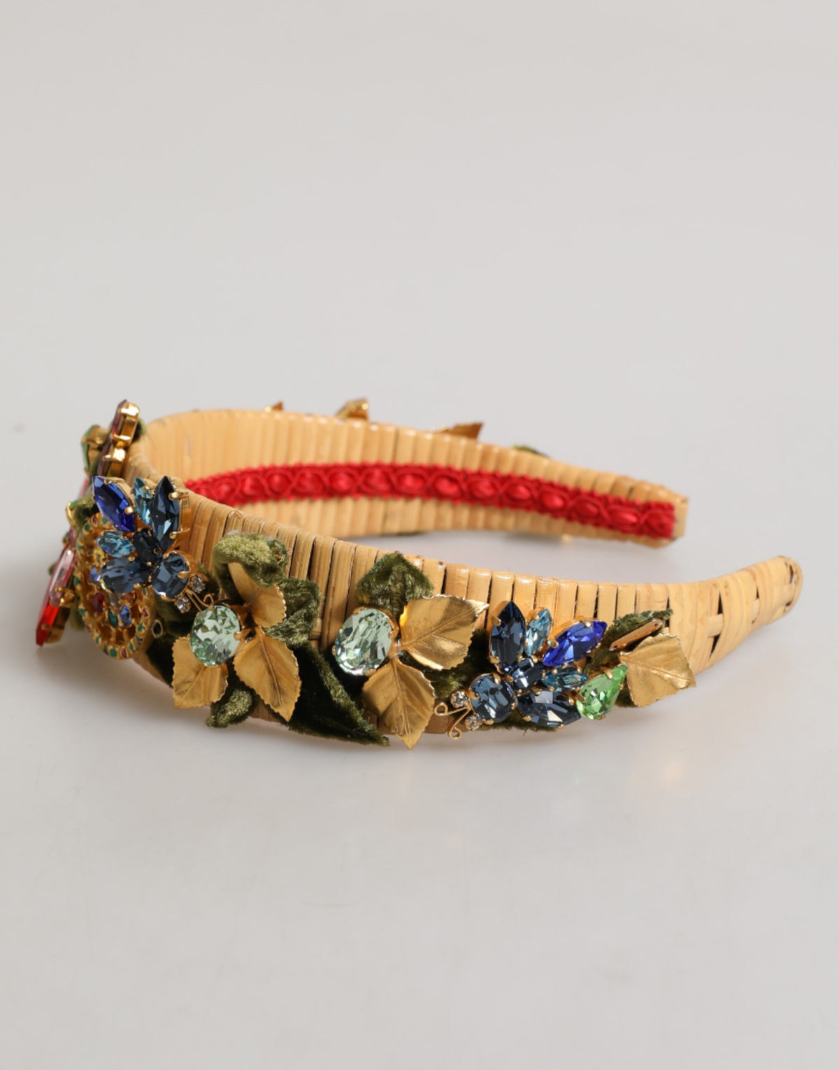 Dolce & Gabbana Multicolor Crystal Floral Gold Green Velvet Crown Headband